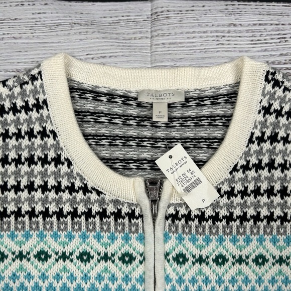 NWT Talbots Petite Womens‎ Sweater Cardigan Small Full Zip Fair Isle Blue Nordic - Picture 3 of 7